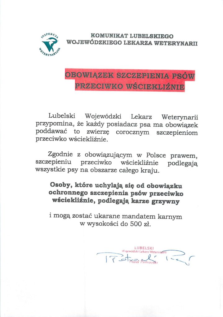 Obowiązek szczepienia psów przeciwko wściekliźnie