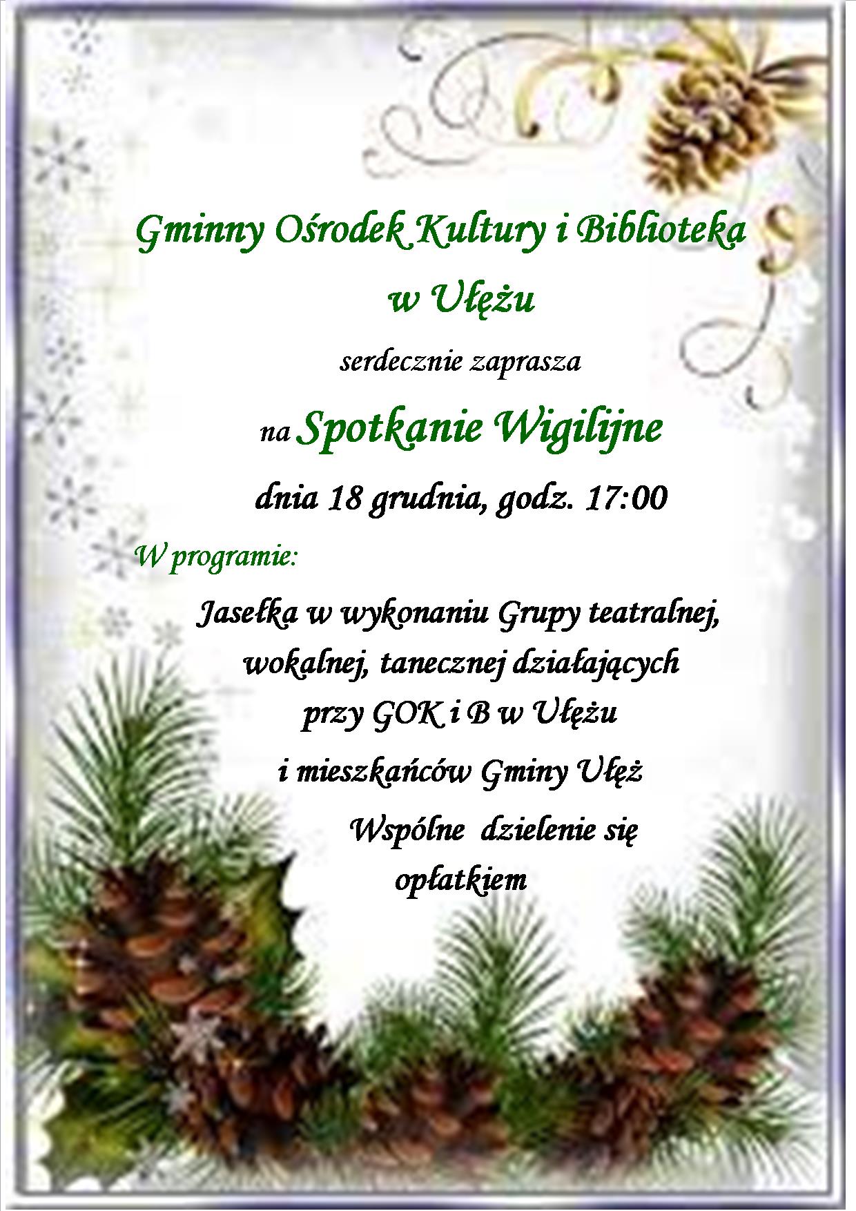 Zaproszenie na spotkanie wigilijne, 18.12, godz. 17:00
